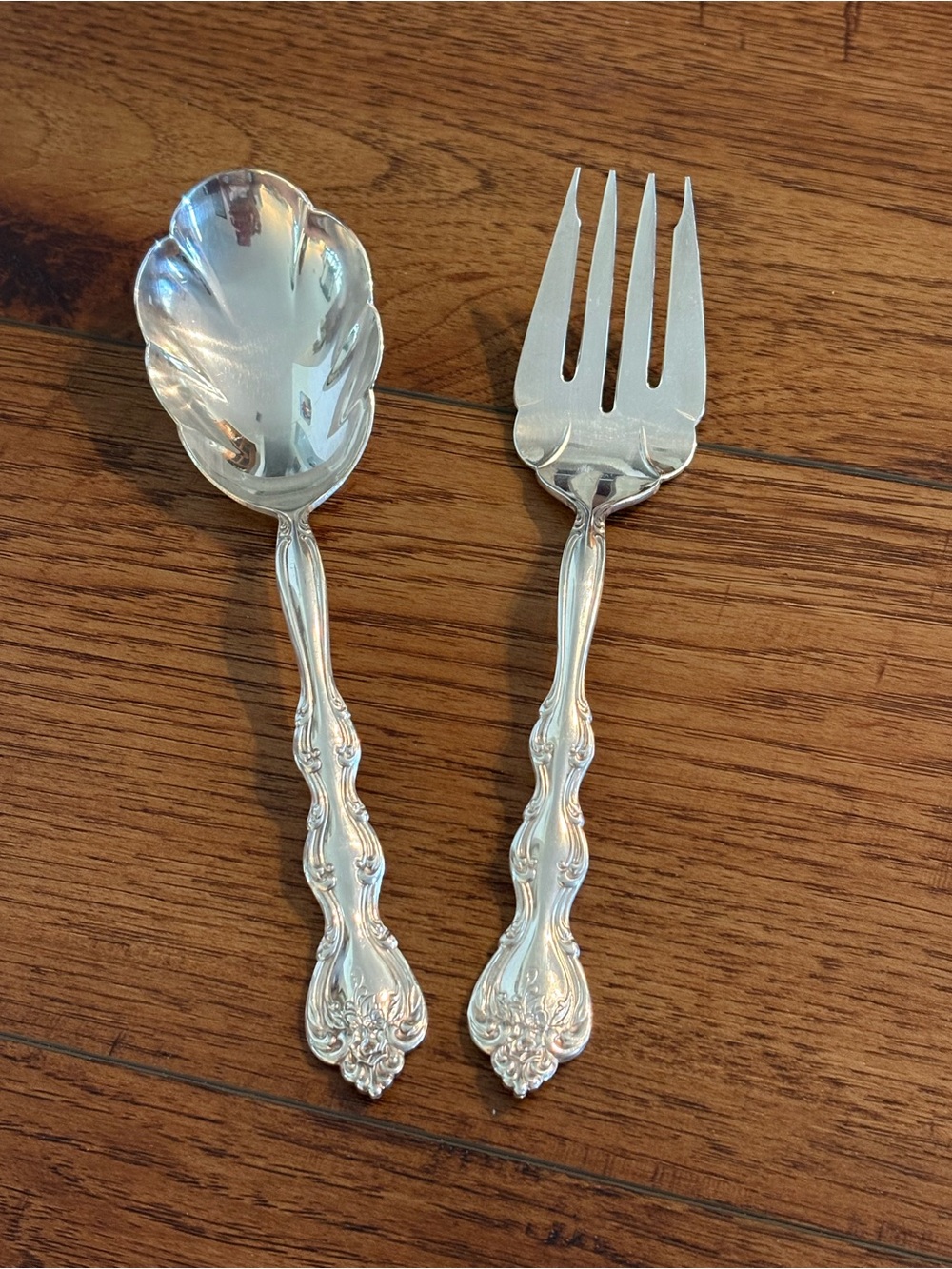 Vintage International Silverplate Serving Spoon & Fork Set Floral Scroll